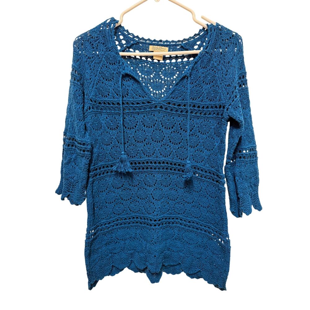 Lucky Brand Live in Love Women Top Large Crochet Teal Boho 3/4 Sleeve Teal Sz XS
